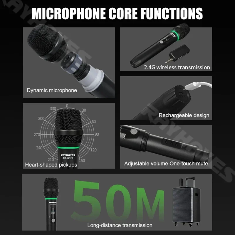 RAYHAYES RG-H12S Wireless Rechargeable Microphone with LED Light Strip Design 8-Hour Battery Life Suitable for KTV and Parties