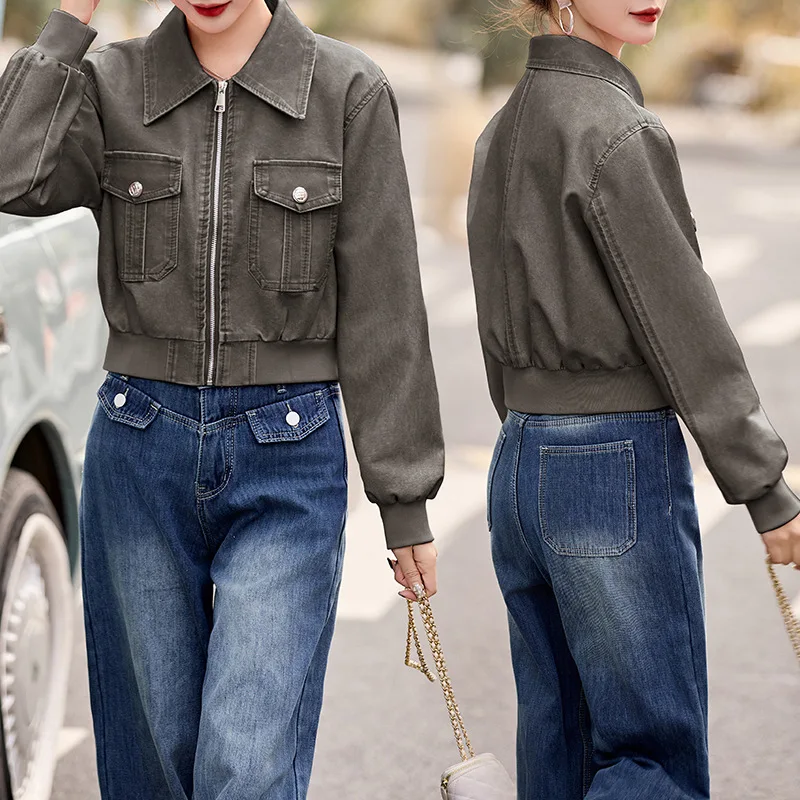 Spring 2024 new casual Korean version slim fit flip collar jacket with zipper short fashionable women's sheepskin leather jacket