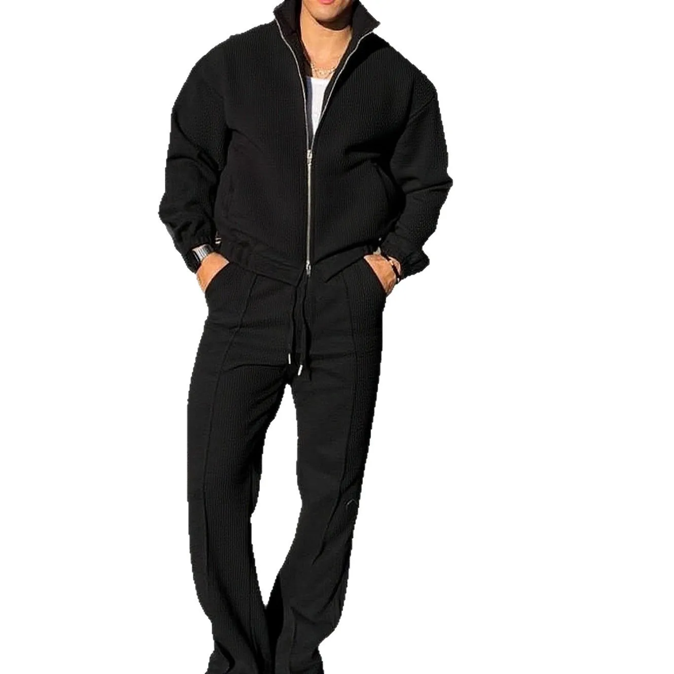 Traje Deportivo Casual de Moda para Hombre de Otoño - Sudadera de Alta Calidad con Cuello Alto y Cremallera, Pantalones con Cordón Ajustable