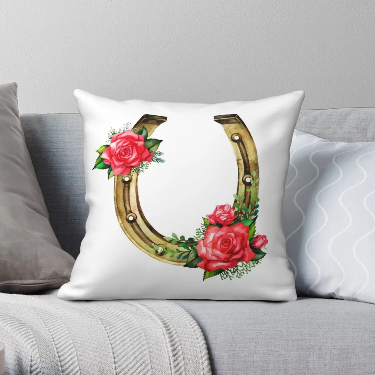 

Horseshoes With Red Roses Pillowcase Polyester Linen Velvet Creative Zip Decor Sofa Seater Cushion Cover