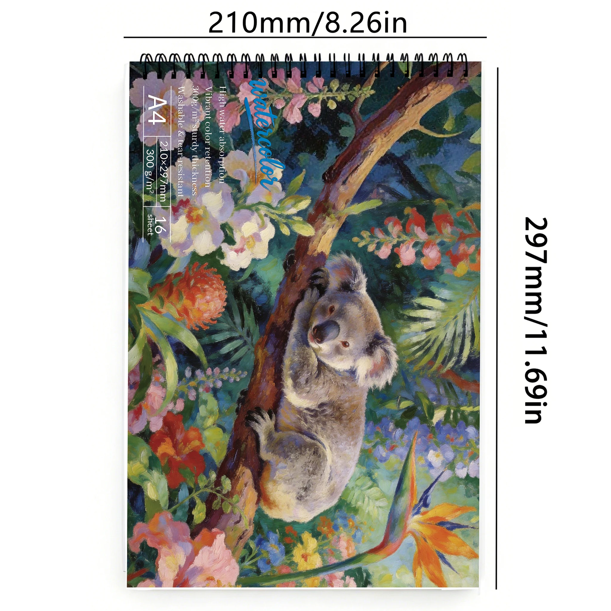 A4 Spiral Watercolor Pad 300gsm, Koala in Tropical Floral Cover, 16 Sheets Acid-Free Art Sketchbook for Back to School & Gi