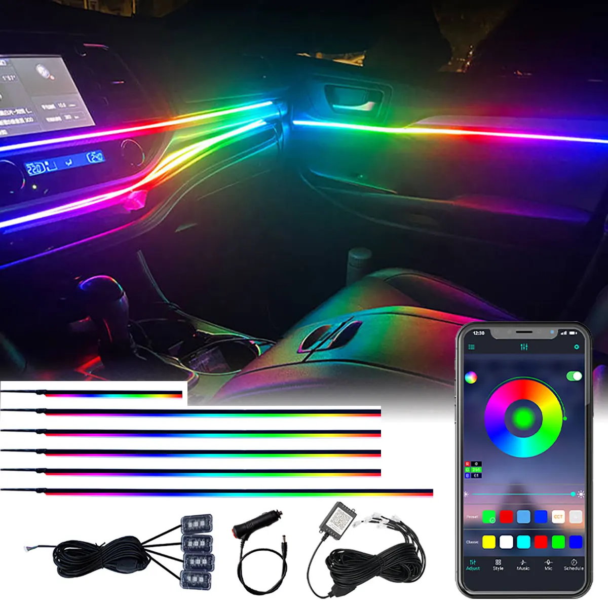 10IN1 Car Atmosphere lights Symphony Acrylic LED Decorative lights Led Interior light Backlight  RGB Door lights Auto Foot lamp