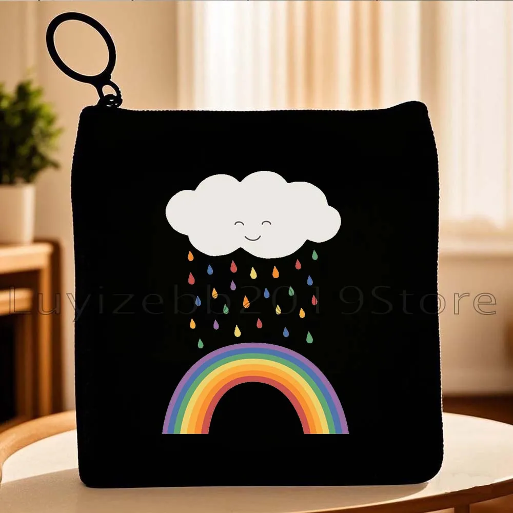 Cute Rain Cloud Rainbow Colourful Garden Butterflies Flowers Gift Canvas Coin Purse Bag Square Key Storage Card Bag Wallet Pouch