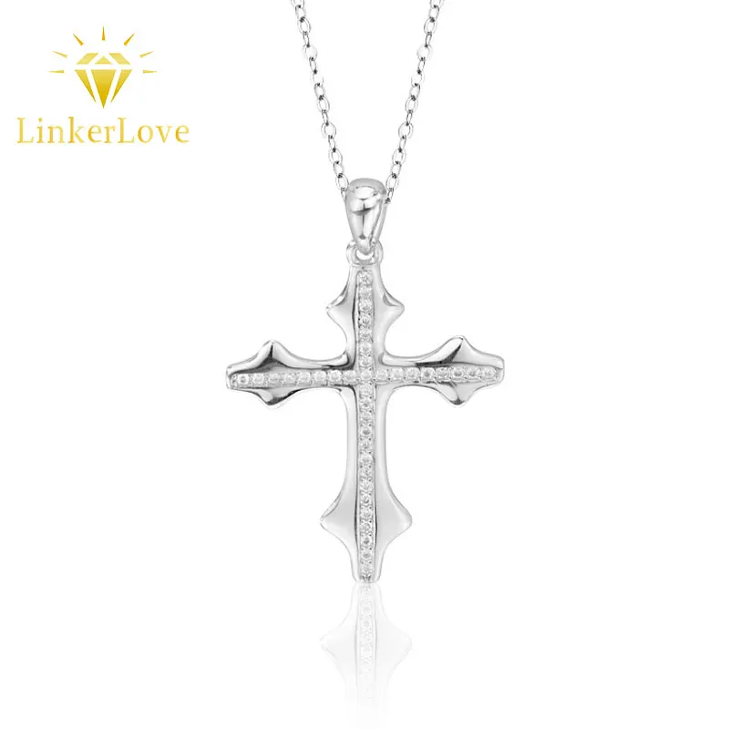 

LinkerLove S925 Silver Moissanite Cross Pendant Necklace for Women Gold Plated Dainty Clavicle Chain Religious Fine Jewelry Gift