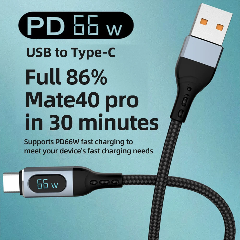 Cabo de Dados Trançado de Carregamento Rápido, PD 100W, 66W, 20W, Ecrã de Visor Digital, Alta Qualidade, 480Mbps, C-Lightning, C-Lightning, Portátil, Telefone