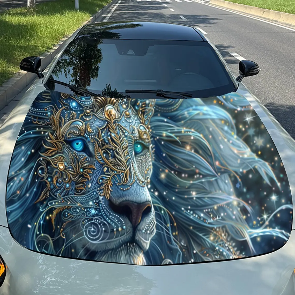 

Awesome Golden - Blue Lion Car Hood Stickers - Self-Adhesive, Waterproof and Durable Vinyl Wrap, Decorate And Protect Your Car -