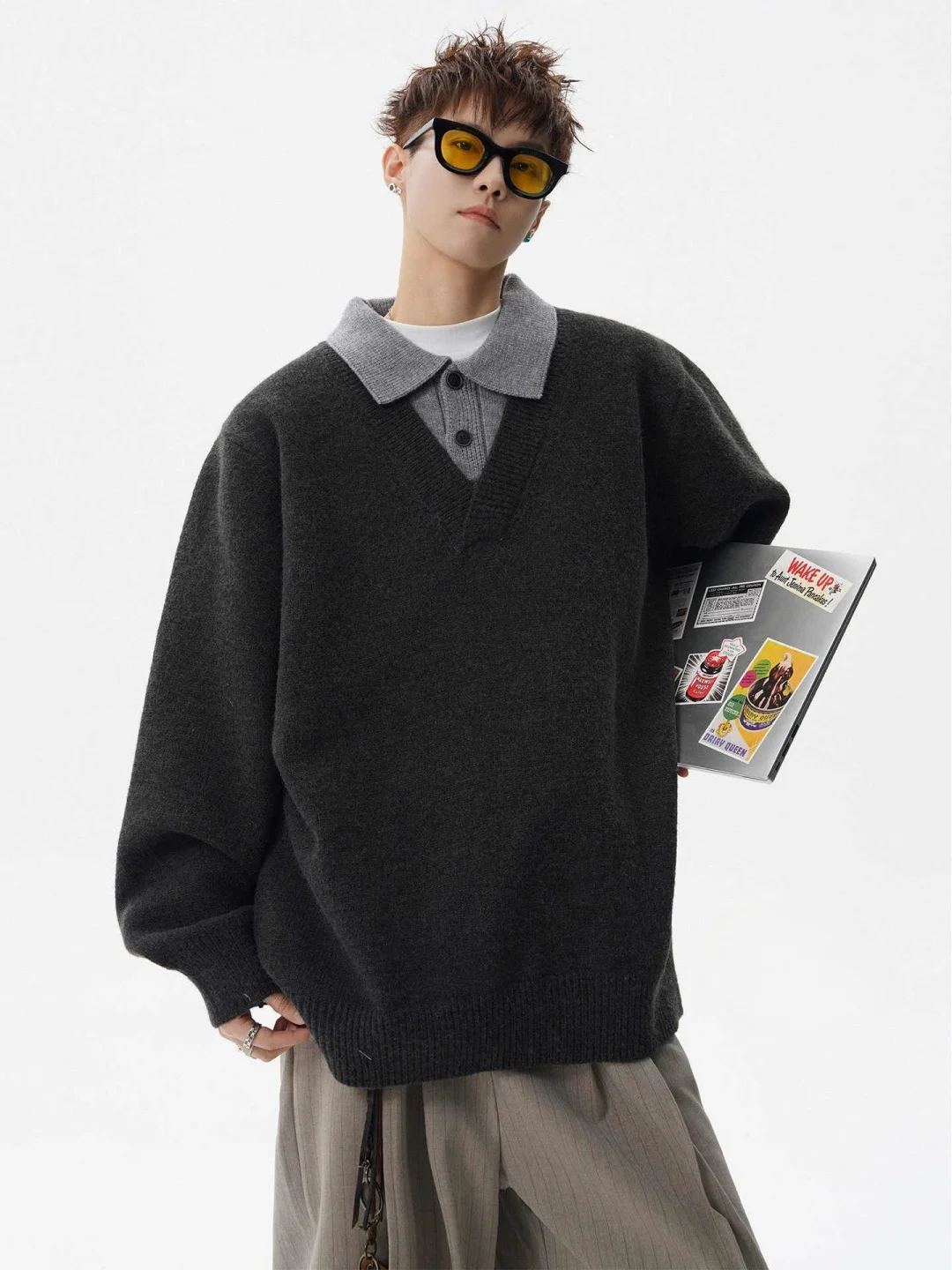 アメリカンスタイルのニットセーター、シャツカラー、フェイクツーピース、メンズ冬用暖かいカップルアウター、トレンディな雰囲気