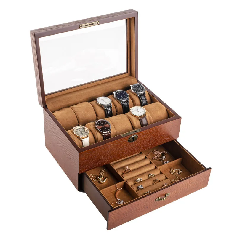 Solid Wood Watch Box with Lock Ring Bracelet Glasses Watch Boxes Organizer Jewelry Wrist Watches Display Collection Accessories