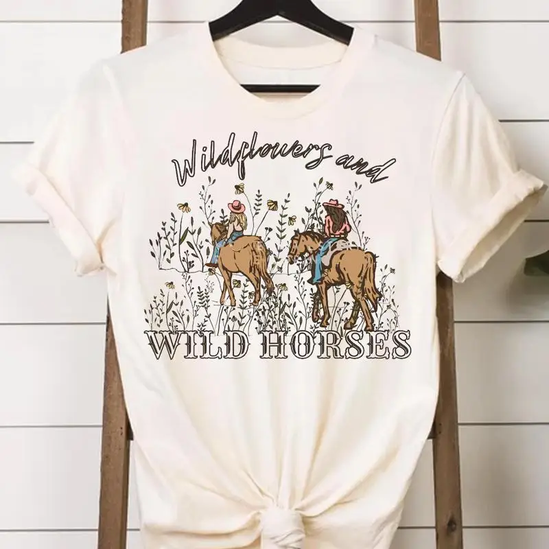تي شيرت الخيول الزهور البرية فتاة الريف كونسر تي شيرت غربي عصري للمرأة #1