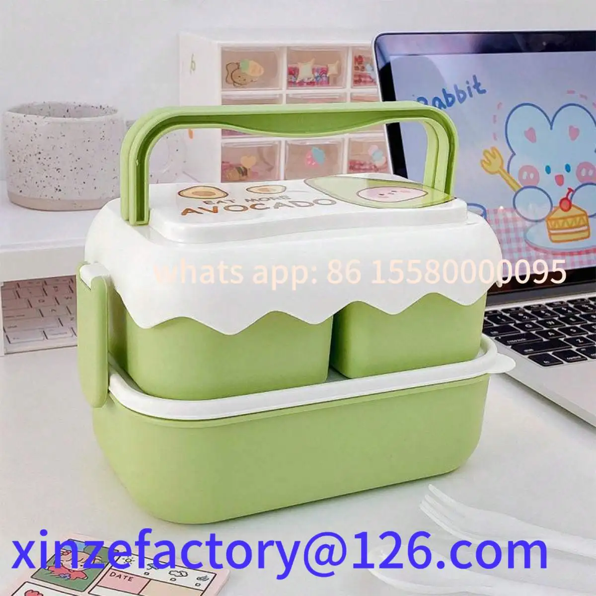 

Customizable Double-deck Fruit Lunch Box Household Tableware Avocado Peach Cute Large Capacity Outdoors Portable Bento