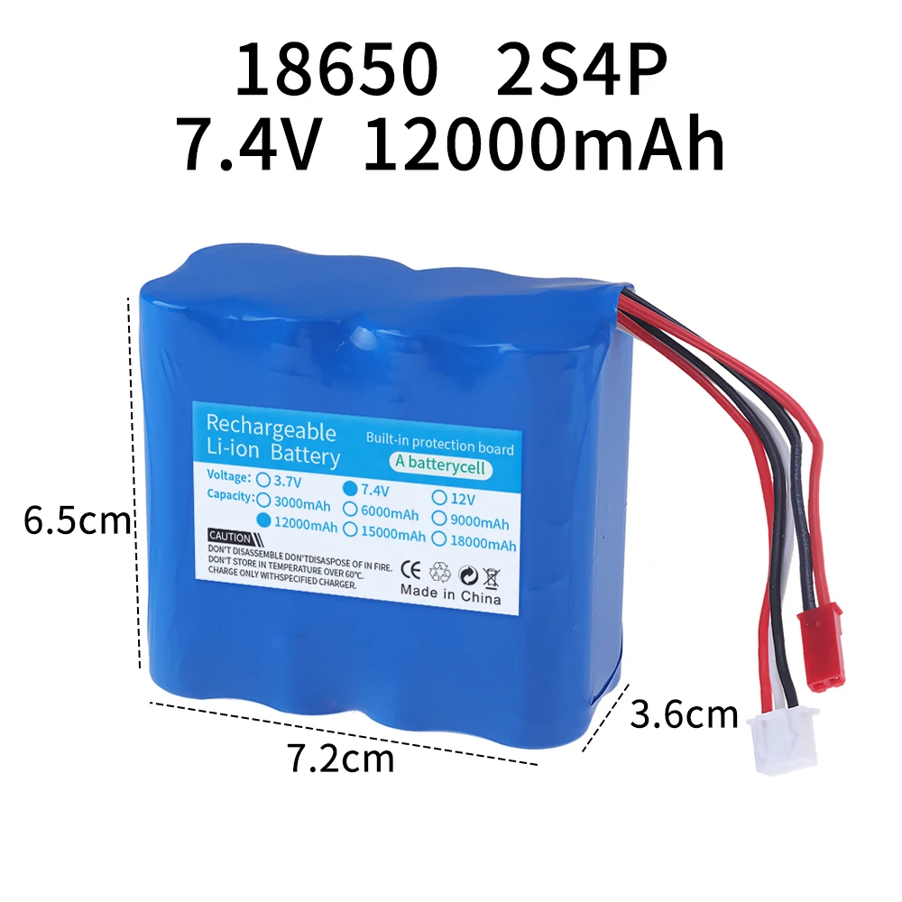 2S4P 7.4V 12000mAh Li-ion battery for remote control toys cars boats robots models accessories 7.4V 2S 18650 battery JST PLUG