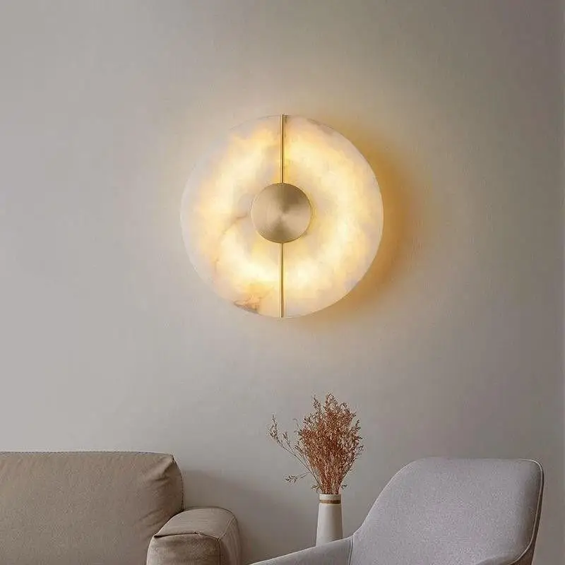Modern Luxury Creative Natural Marble Copper Wall Light - Alabaster Marble Wall Sconce for Bedroom Bedside Living Room Aisle