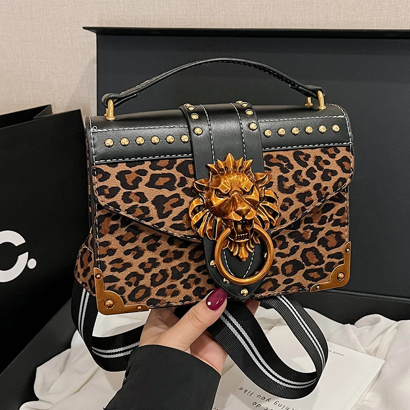 

Vintage Leopard Handbags Luxury Girls Crossbody Bags Tote Woman Metal Lion Head Brand Shoulder Purse Small Square Messenger Bag