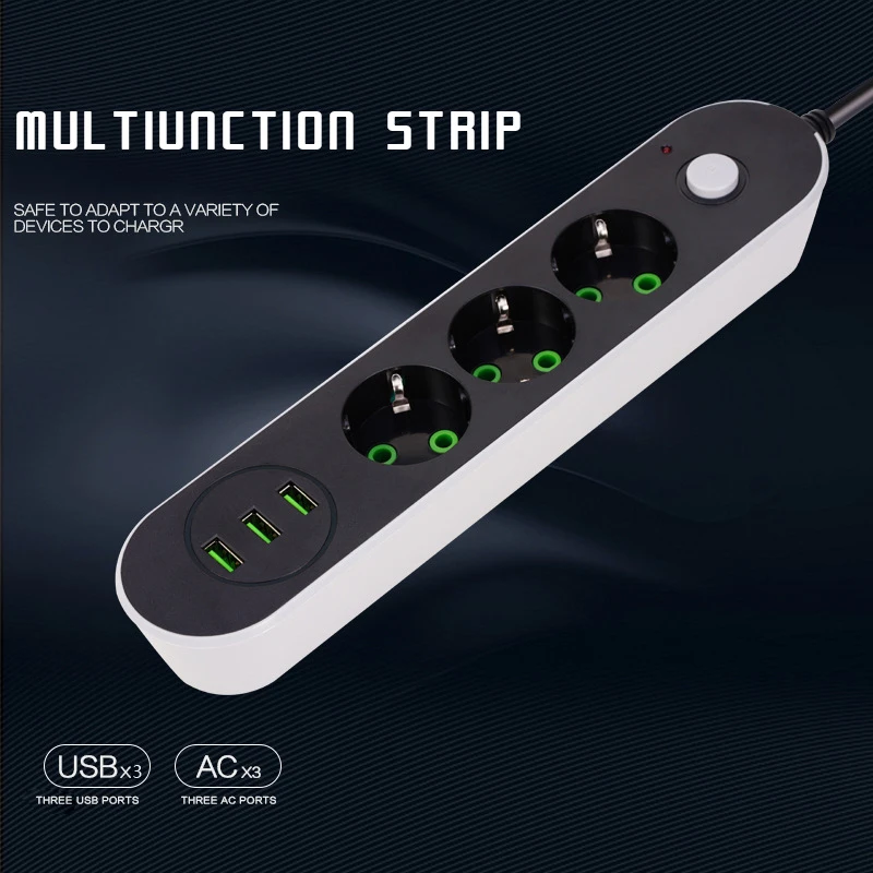 EU Plug Power Strip AC Outlet Multitap Extension Cord Electrical Socket With 3 USB Ports Fast Charging Multiprise Network Filter