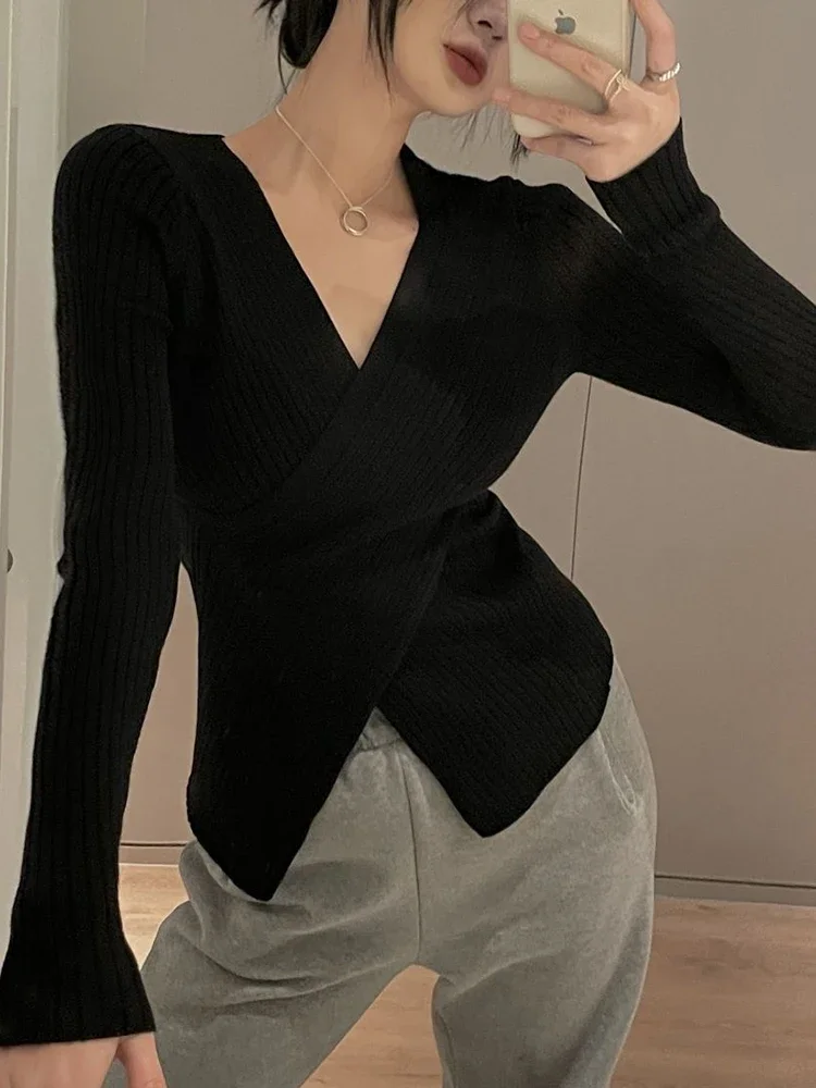 Irregular V-Neck Sweater For Women Long Sleeve Top Pullover Winter Knitted Sweaters Mujer Knitwear Korean Fashion Woman Clothes