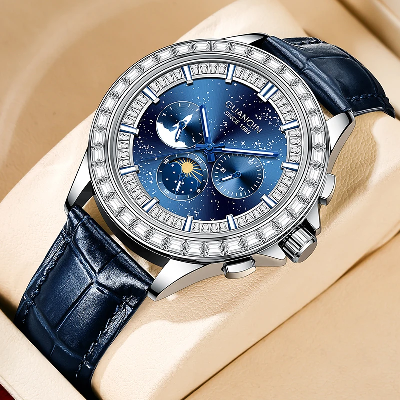 All Match Men's Automatic Watch Blue Starry Sky Diamond Artificial Leather Waterproof Luminous Business Daily