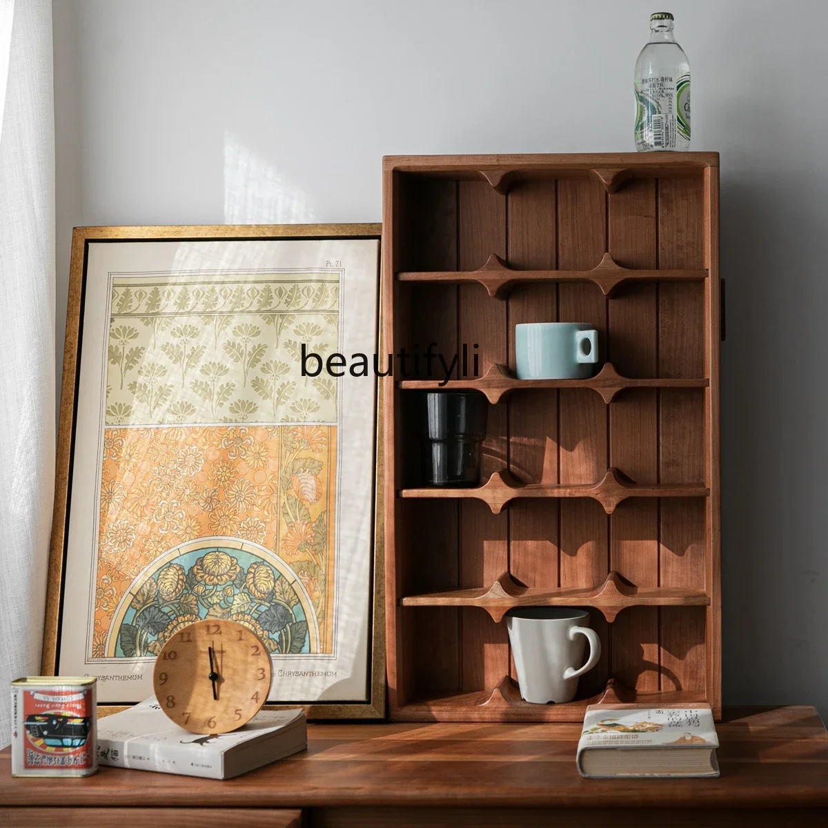 

Great discounts Coffee cup cabinet Wall hanging cup holder Full tenon and mortise Selected wood Cafe decorative cabinet