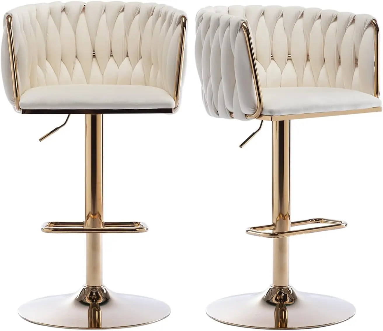 Swivel Bar Stools Set of 2, Modern Velvet Upholstered with Woven Back for Kitchen Island, Cafe, Pub (Beige)