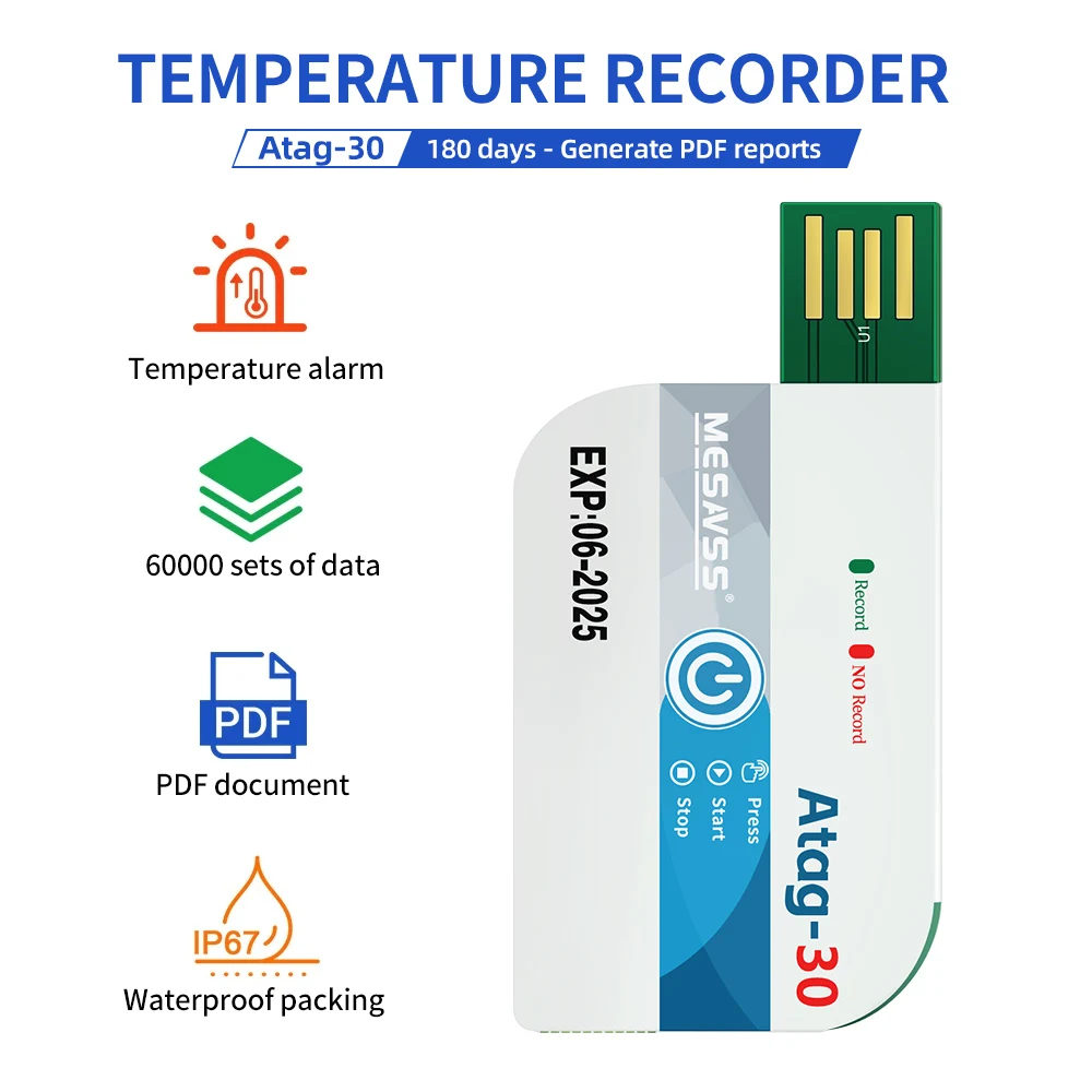 180 Days USB Temperature Data Logger Alarm PDF Report High Precision Disposable Thermometer Recorder Lab Refrigerated Cold Chain