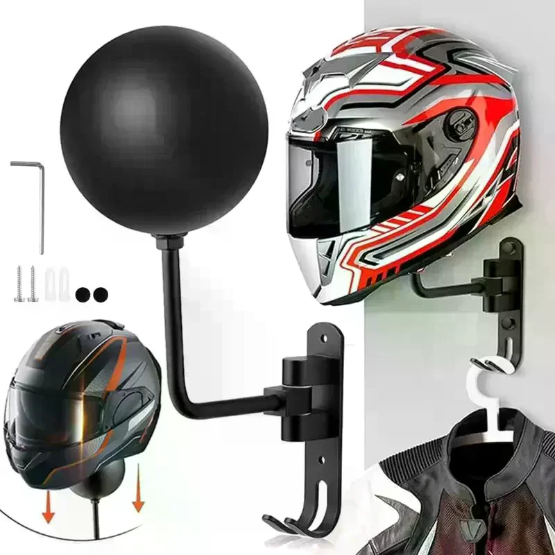 1Pcs 180° Rotation Football Helmet Rack Helmet Display Hanger Stand Wall Mount Motorcycle Helmet Holder For Caps With 2 Hooks