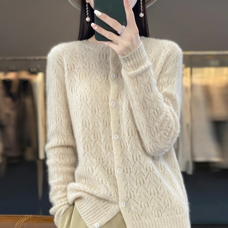 Wool Cardigan Sweater Women O-neck Long Sleeve Top Knitted Korean Style Hollow Out New In Outerwear Mujer Knitwear Spring Clothe