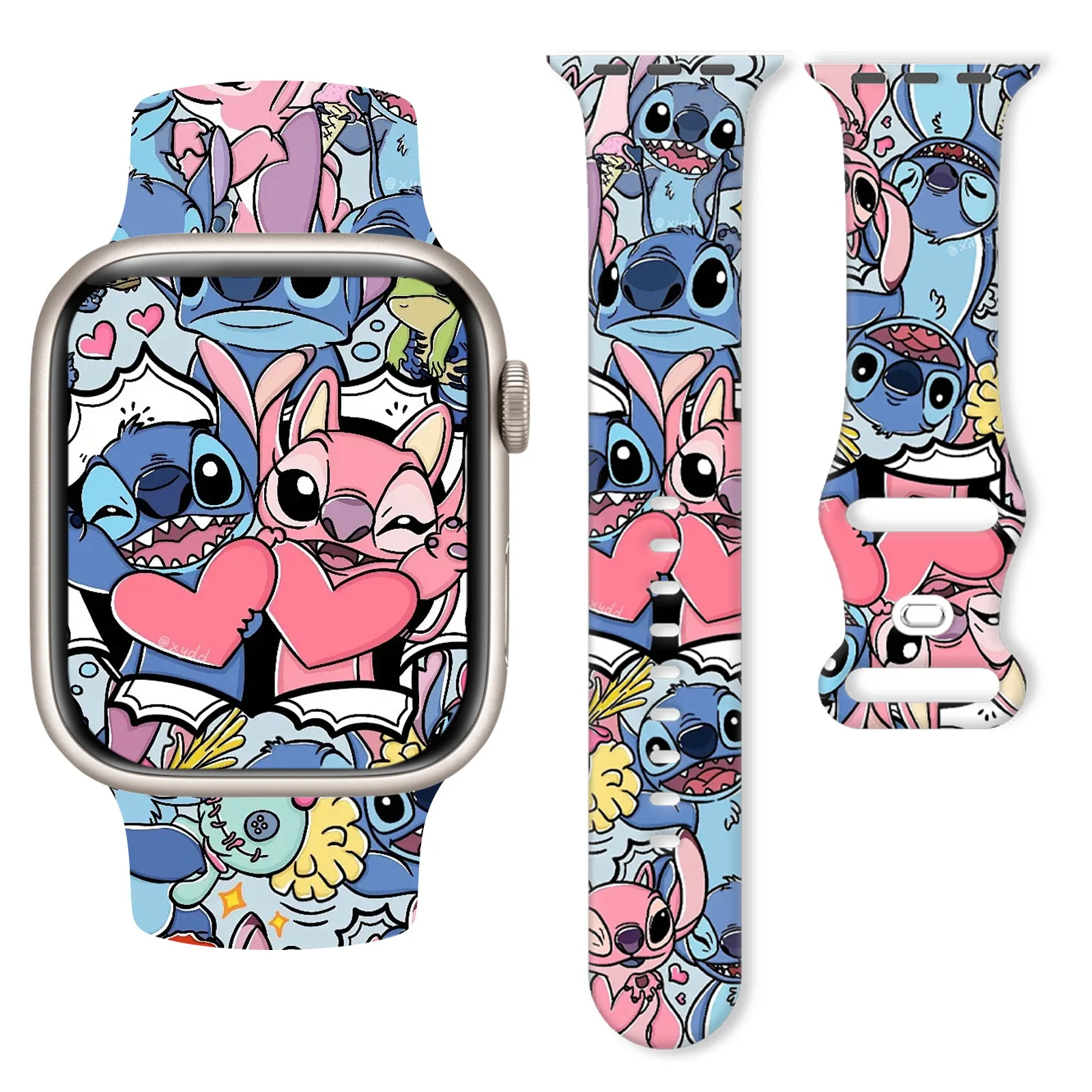 

Ремешок с рисунком серии Disney Foodie Stitch для Apple Watch 11/10/9/8/SE, мягкий водонепроницаемый сменный силиконовый ремешок 45 мм/44 мм/42 мм