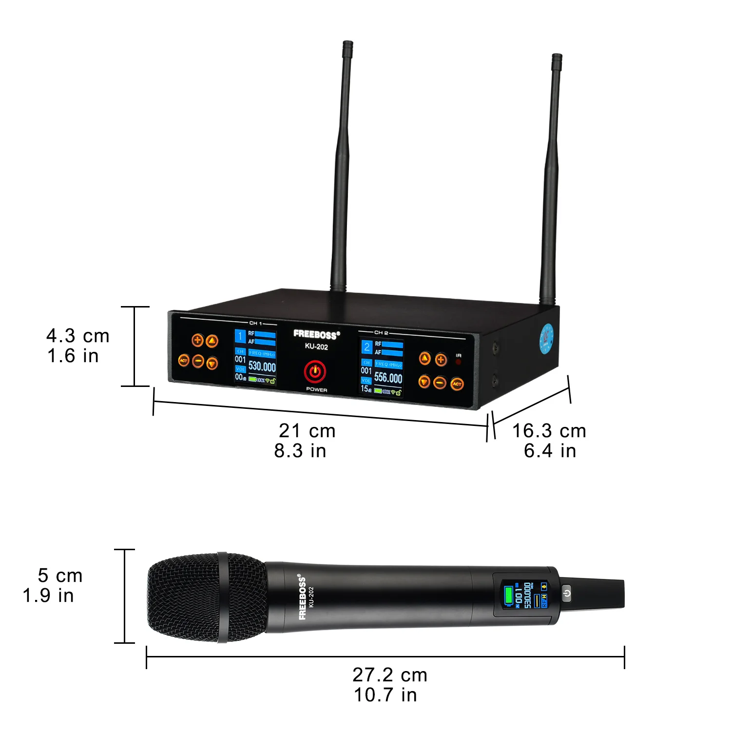 FREEBOSS microfono Karaoke Wireless TFT ricaricabile 2 palmare UHF 2*100 punti scansione a frequenza a infrarossi microfono dinamico KU-202