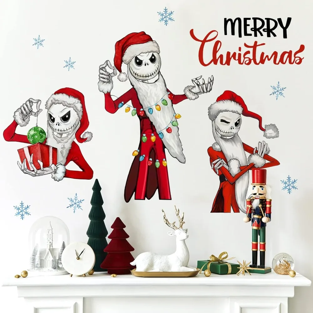 Feliz Navidad Nigh.tmare BEF.ore Calcomanías de pared de Navidad, Papá Noel, copos de nieve, decoración de invierno para el hogar y el dormitorio, Año Nuevo 2025 H