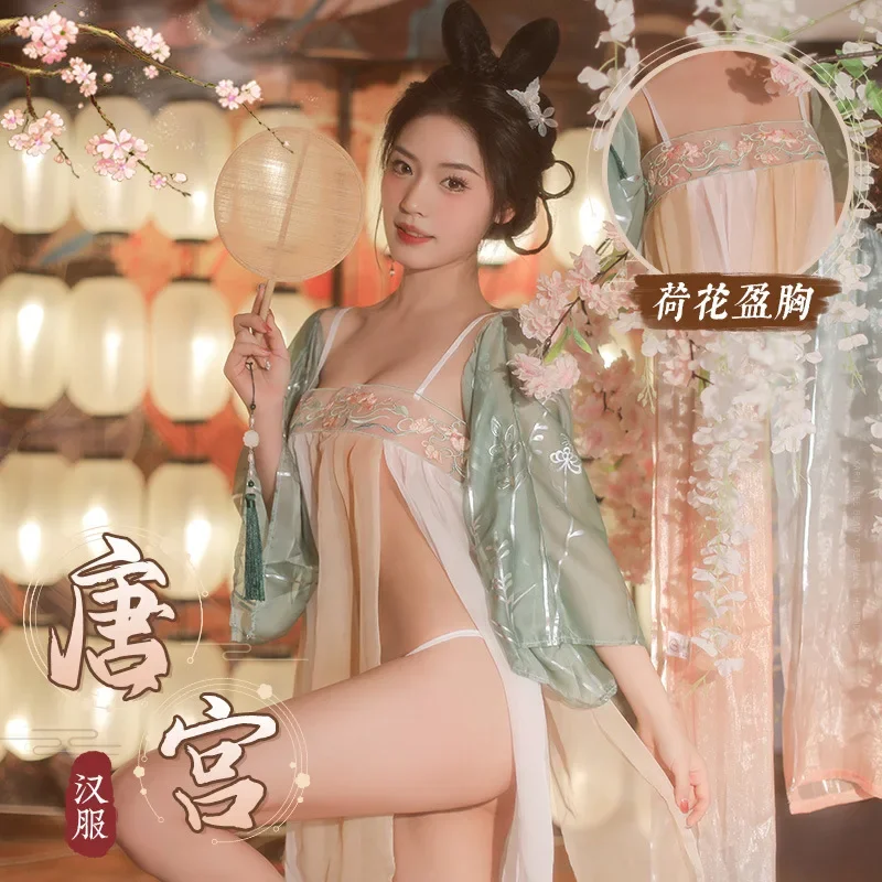 Women Sexy Lingerie Chinese Hanfu Traditional Bathrobe Mesh Uniform Set Girl See Through Sleepwear Blossoms Long Robes Nightgown