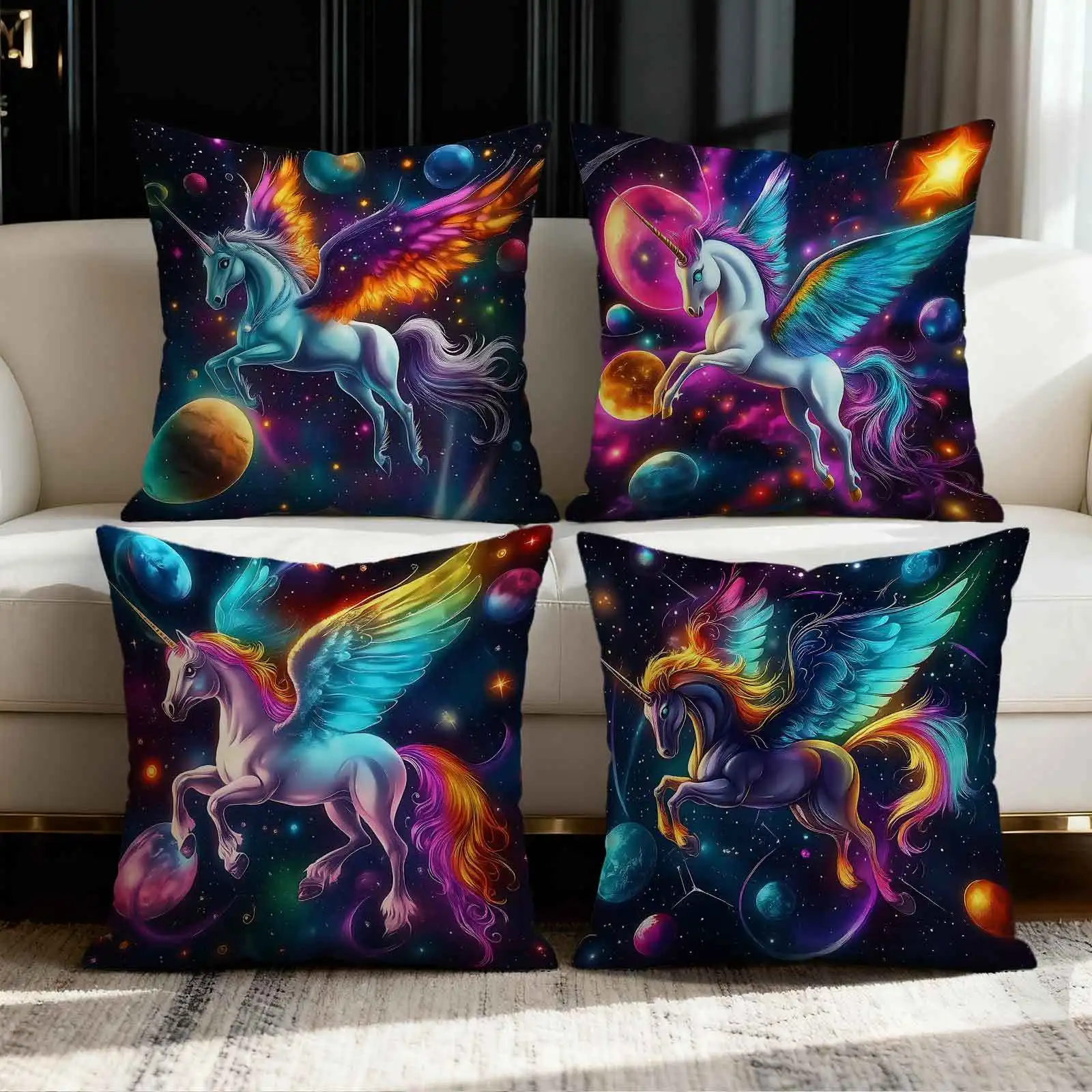Colorful wing unicorn pattern digital printing pillow cover Short plush Suitable living rooms bedrooms sofas throw cushion cover