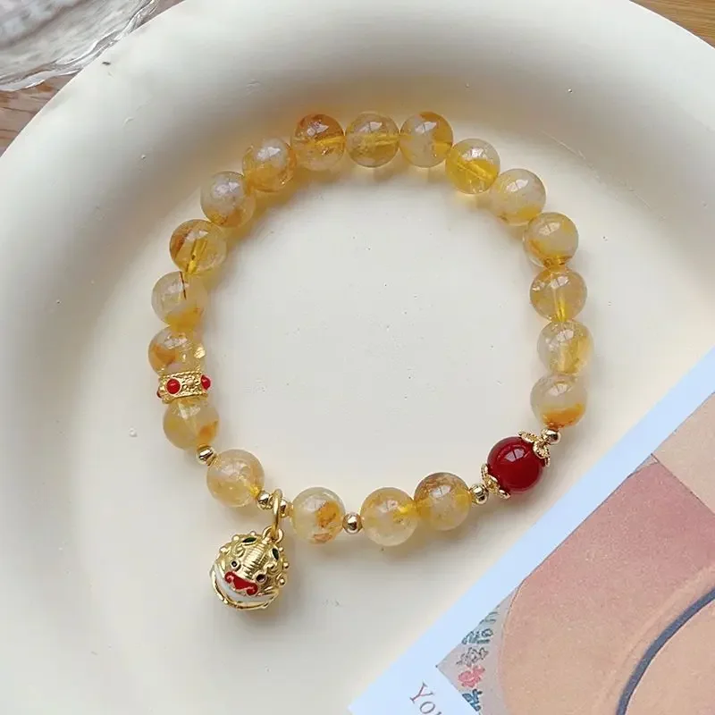 Pulseira feminina citrina natural, despertar joias do sino do leão, pernoite de templo rico mesmo estilo, presente de namorada de alta qualidade, boa sorte, boa sorte