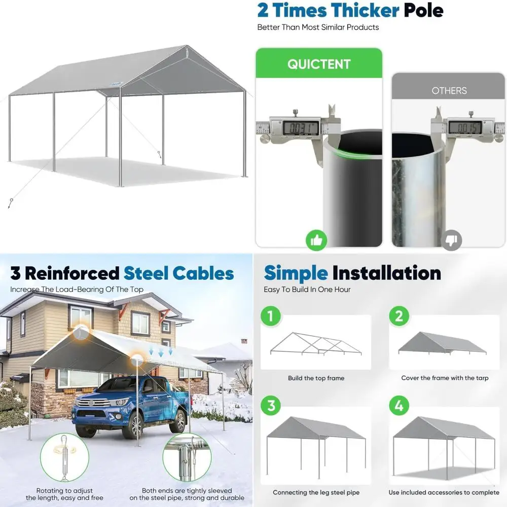 

10x15 ft heavy duty car canopy galvanized frame carport outdoor party tent boat shelter with 3 reinforced steel cables - grey