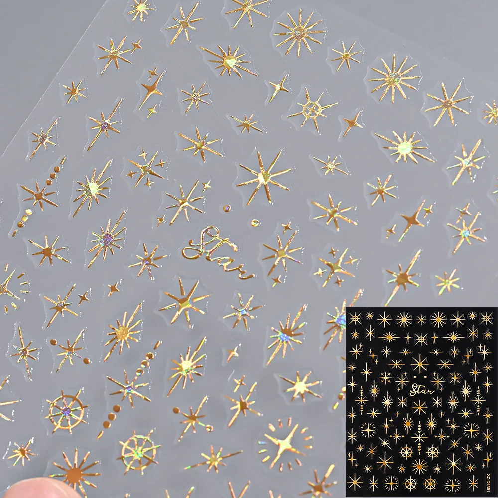 12 Pz 3D Oro Stella Luna Sole Adesivi per unghie 10*8 cm Y2K Starlight Autoadesivi Decalcomanie per unghie Serpente Gatto Slider Accessorio per manicure fai da te