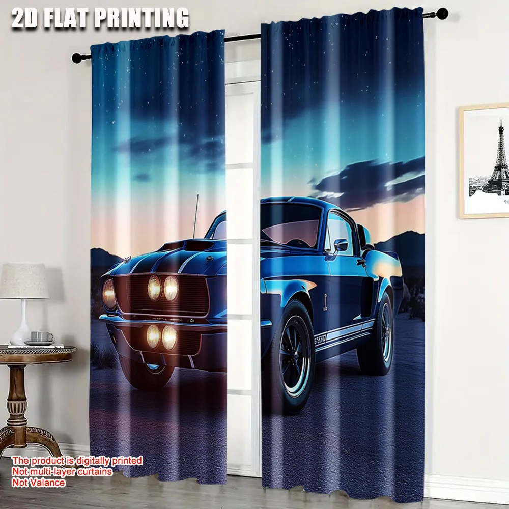 2pcs, Upscale Curtains 2D print Classic muscle car Polyester Easy Install (without rod) Thermal Insulation, and Room Darkening