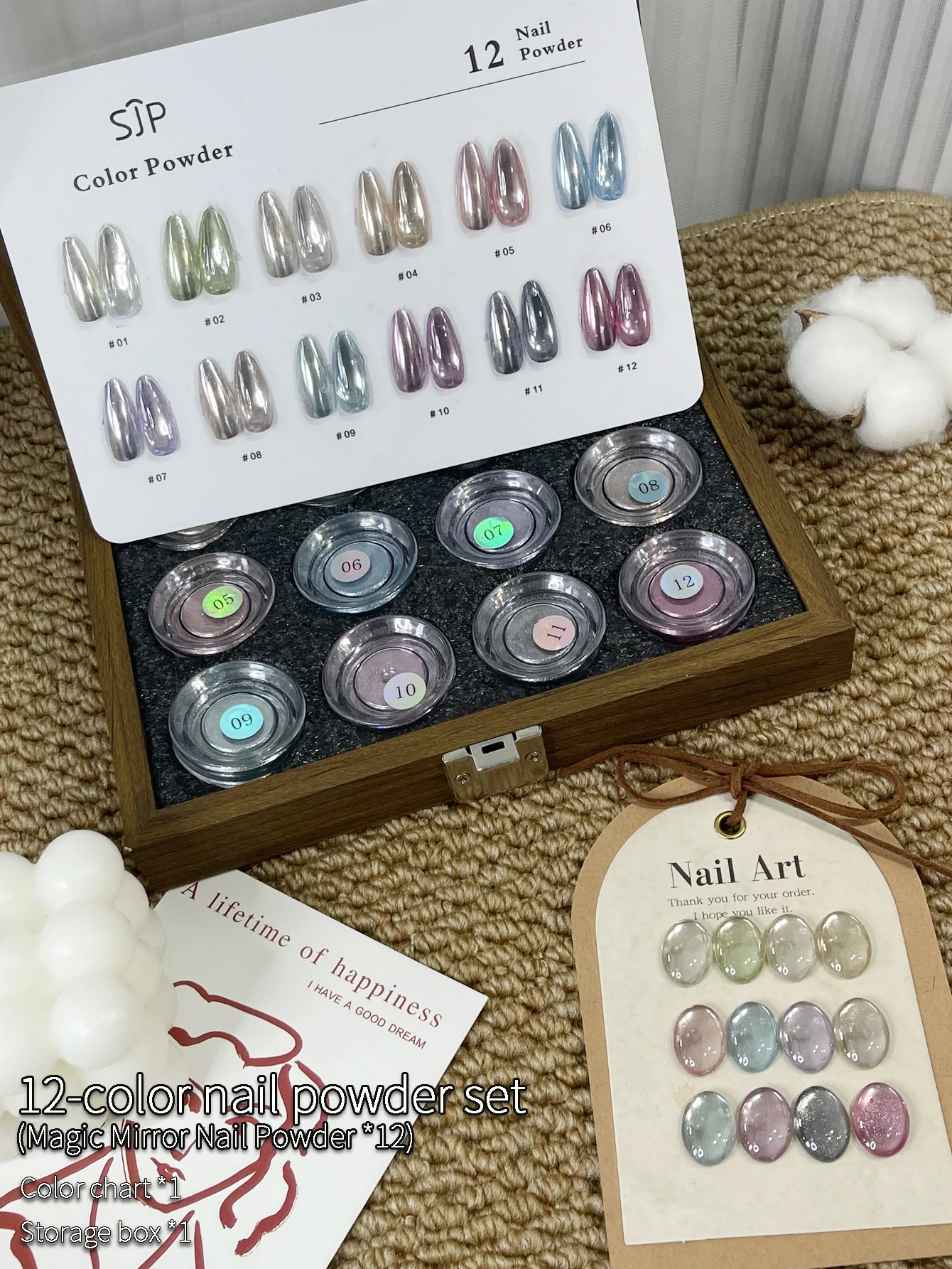 12-Color Fresh Color Magic Mirror Nail Powder Set with Color Cards and Storage Box. DIY Nail Art, Artistic Nail Charm, Suitable