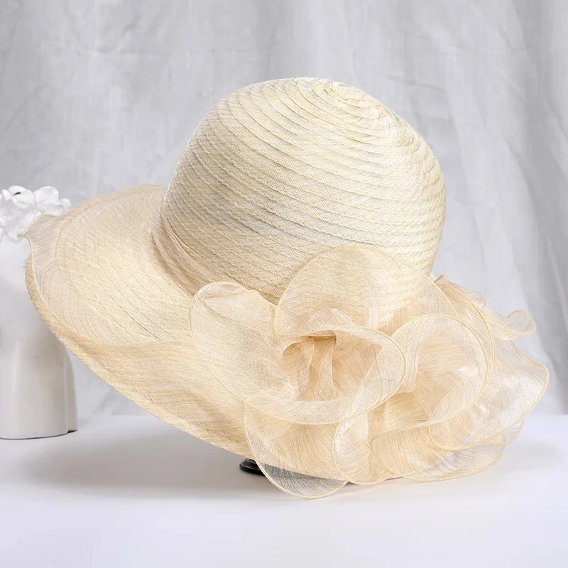 2024 New Summer Organza Visor Hat Children Sunscreen Flower Basin Hat Mother Hat Travel Sun Hat Middle-Aged and Elderly Hat