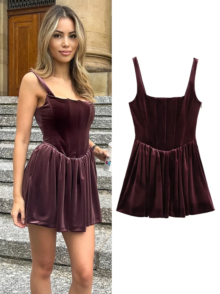 TRAFZA Women's New Autumn Winter Fashion Velvet Corset Style Suspender Short Dress Female Elegant Burgundy Slim Waist Mini Dress