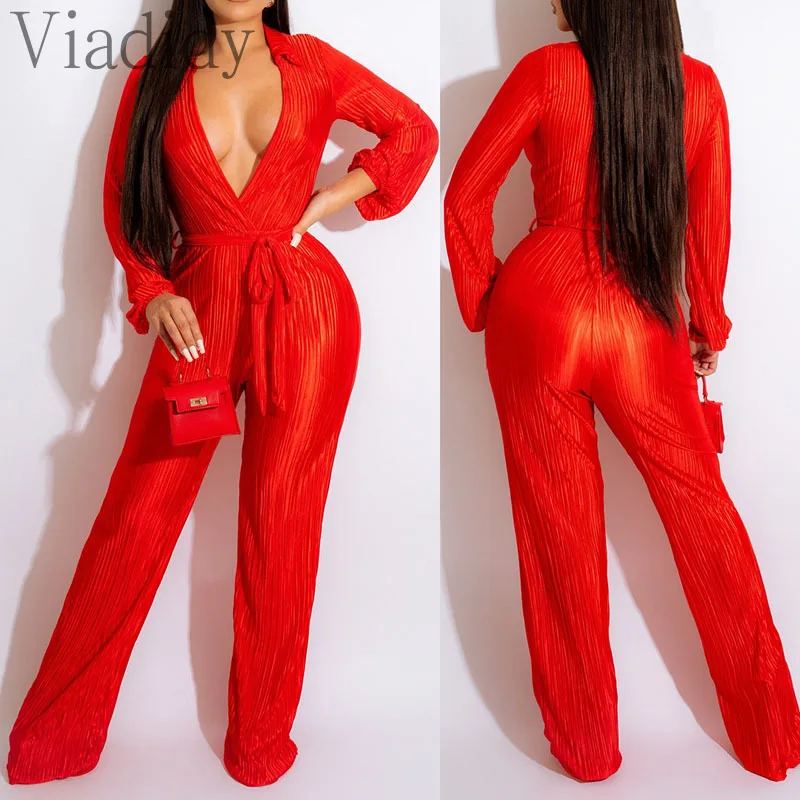 Women Solid Color V-Neck Tied Waist Straight Jumpsuit With Belt