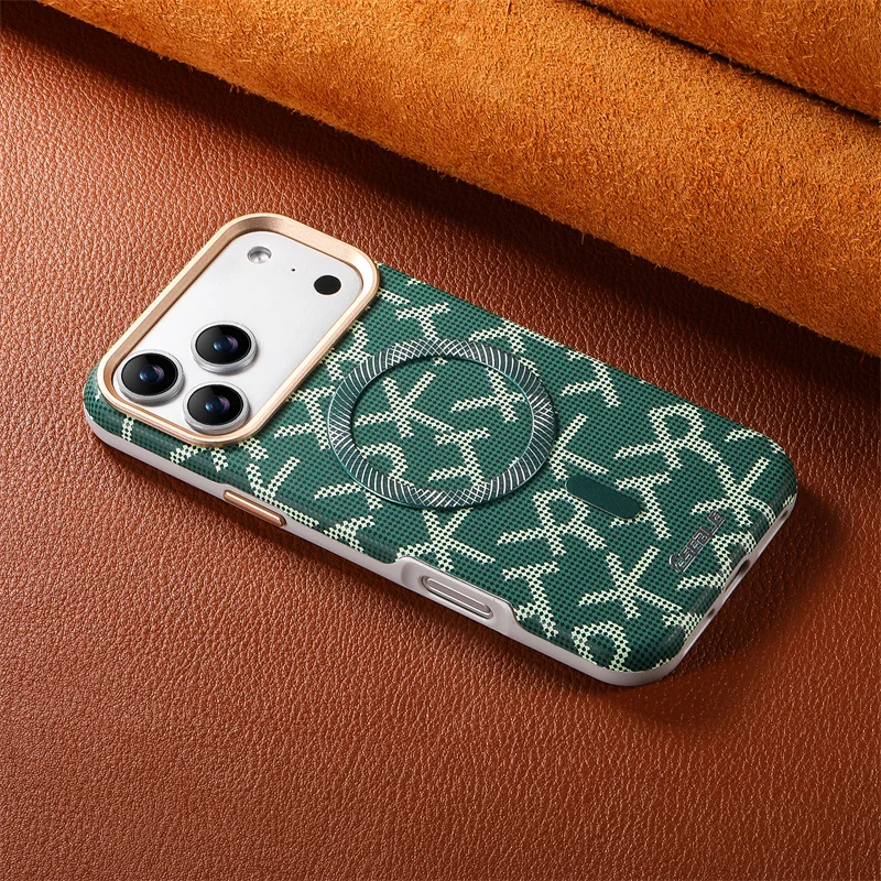 

Fashion PU Leather Magnetic Letter Fiber Texture Phone Case For iPhone 13 14 15 16 17 Pro Max Wireless Charging Shockproof Cover