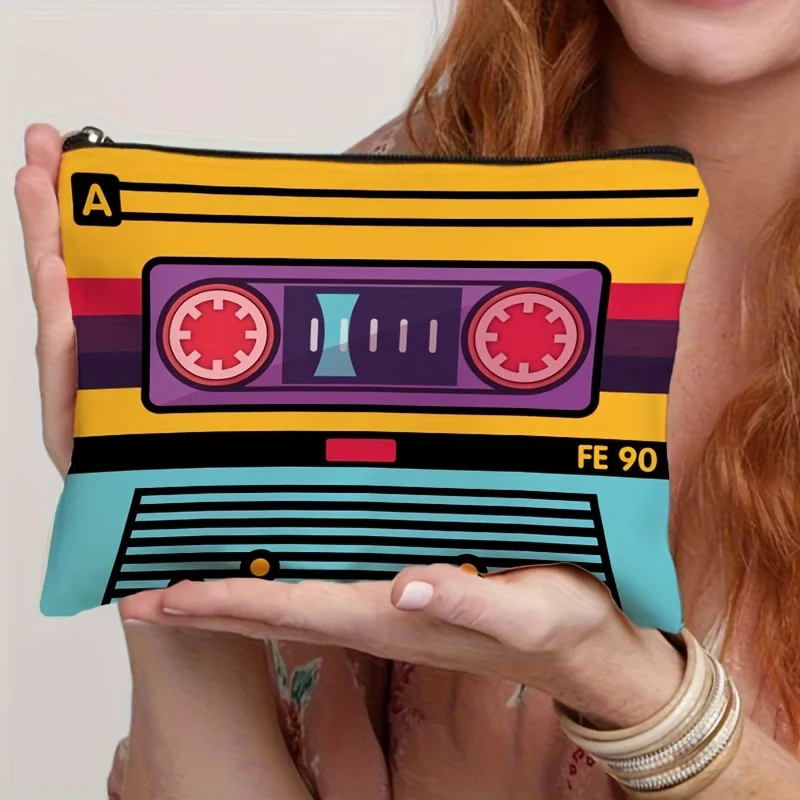 Vintage Cassette Tape Design Makeup Bag - Lightweight Foldable Travel Cosmetic Organizer with Zipper Closure, Beige & Black Stri