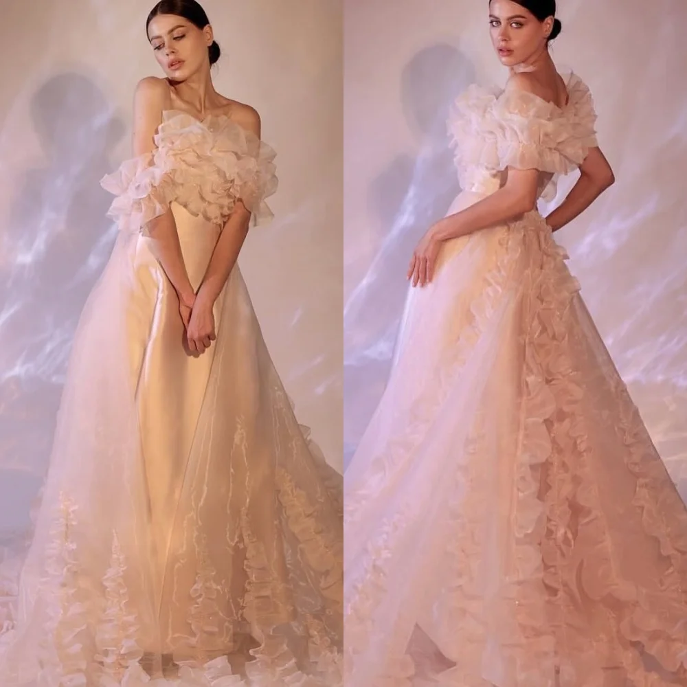 

Customized Temperament Off the Shoulder Sleeveless Evening Dress Fashion Flowers Chapel Train Prom Dresses Delicate Party Gowns