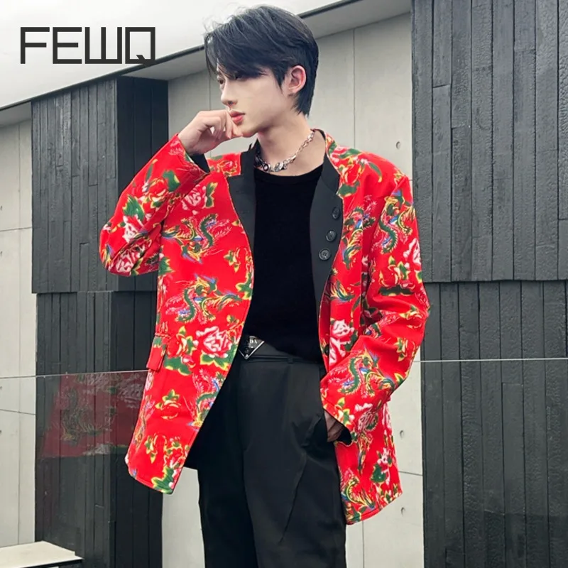 

FEWQ Men's Blazers Summer New Single Breasted Chinese Style Suit Jacket Printing Casual Loose Reversible Men Clothing 24X9039