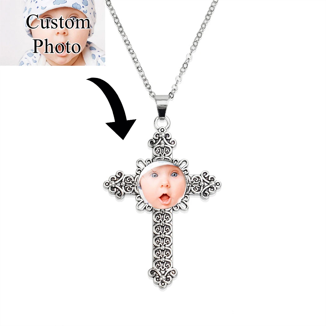 Custom Photo Cross Necklace Glass Pendant Necklace with Lobster Chain Christian Catholicism Jewelry Personalized Gift