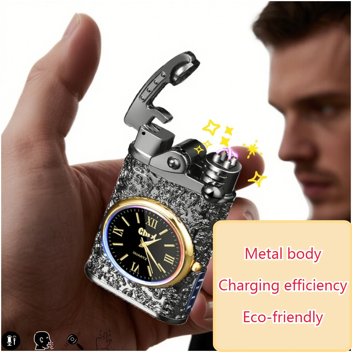 Rocker Arm Voice-Activated Arc Lighter, Watch & Power Display Electric Lighter, Rechargeable Dial Cigarette Lighter view 4