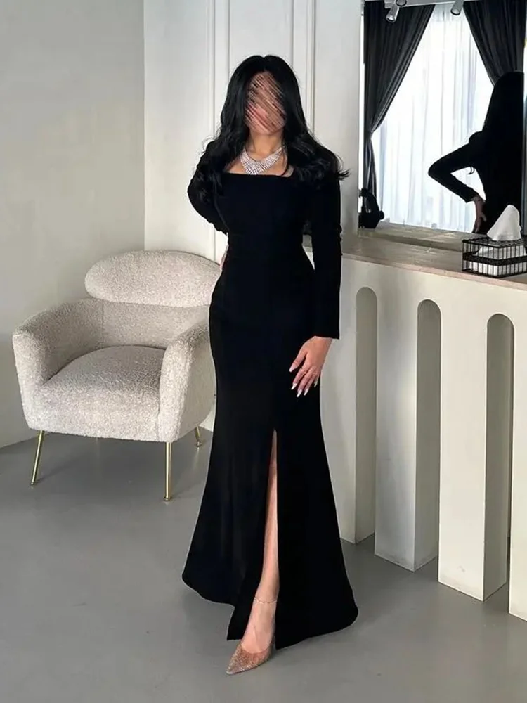 Msikoods Saudi Arabic Mermaid Prom Dress Women\'s Simple Black Square Collar Party Evening Gown Side Slit Formal Occasion Dress