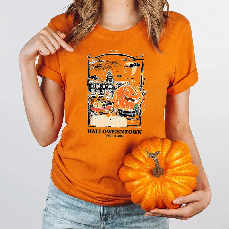 Funny Halloween Pumpkin Print T-shrit For Women Summer Short Sleeve Round Neck Ladies Loose T-shirt Creative Halloween Tee Shirt