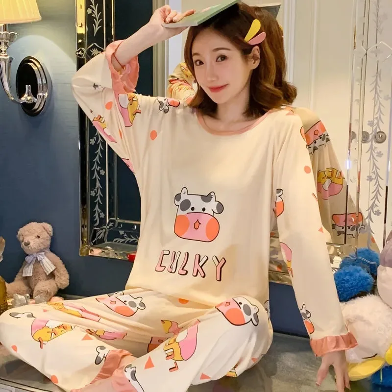 2Pcs/set Large Size Long Sleeve Long Pants Pajamas Women\'s Homewear Student Pajamas Young Girls Clothes Ladies Nightwear