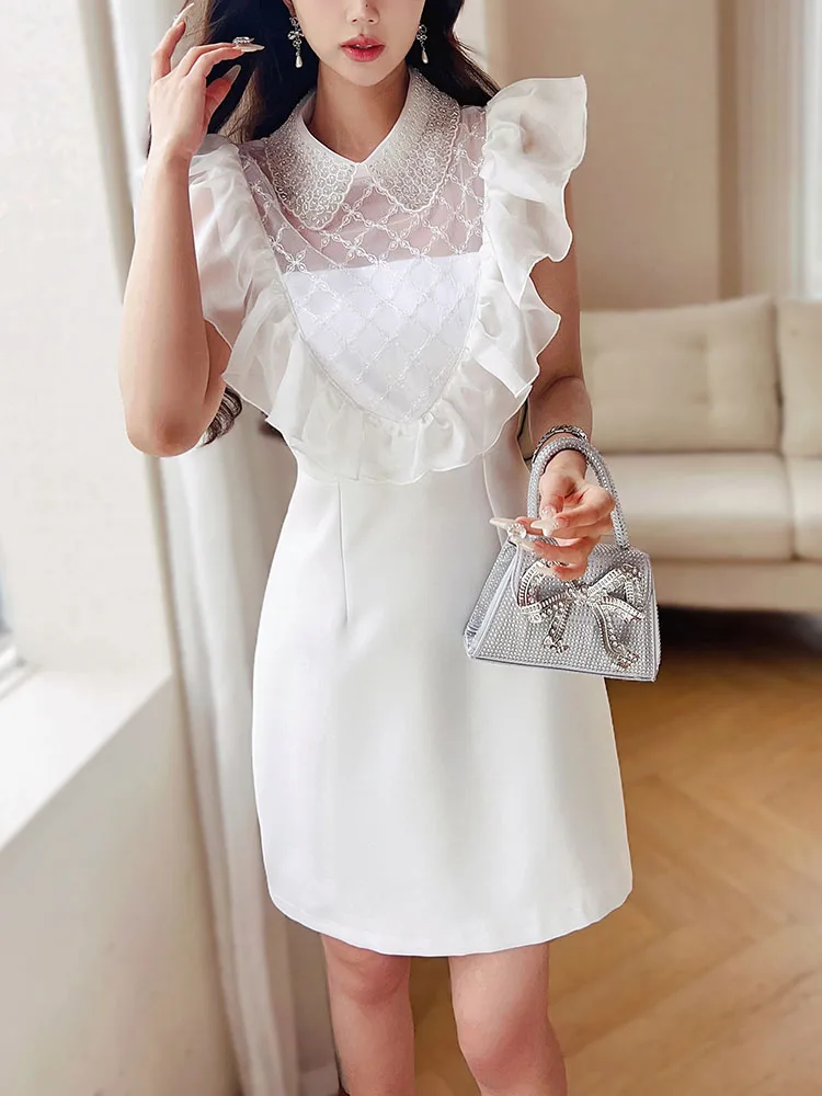 DABUWAWA Tienda Vestidos Elegantes Para Mujeres Mesh Embroidered Flares Spliced Dress Flying Sleeve Empire Skirt Y2K DA1BDR120