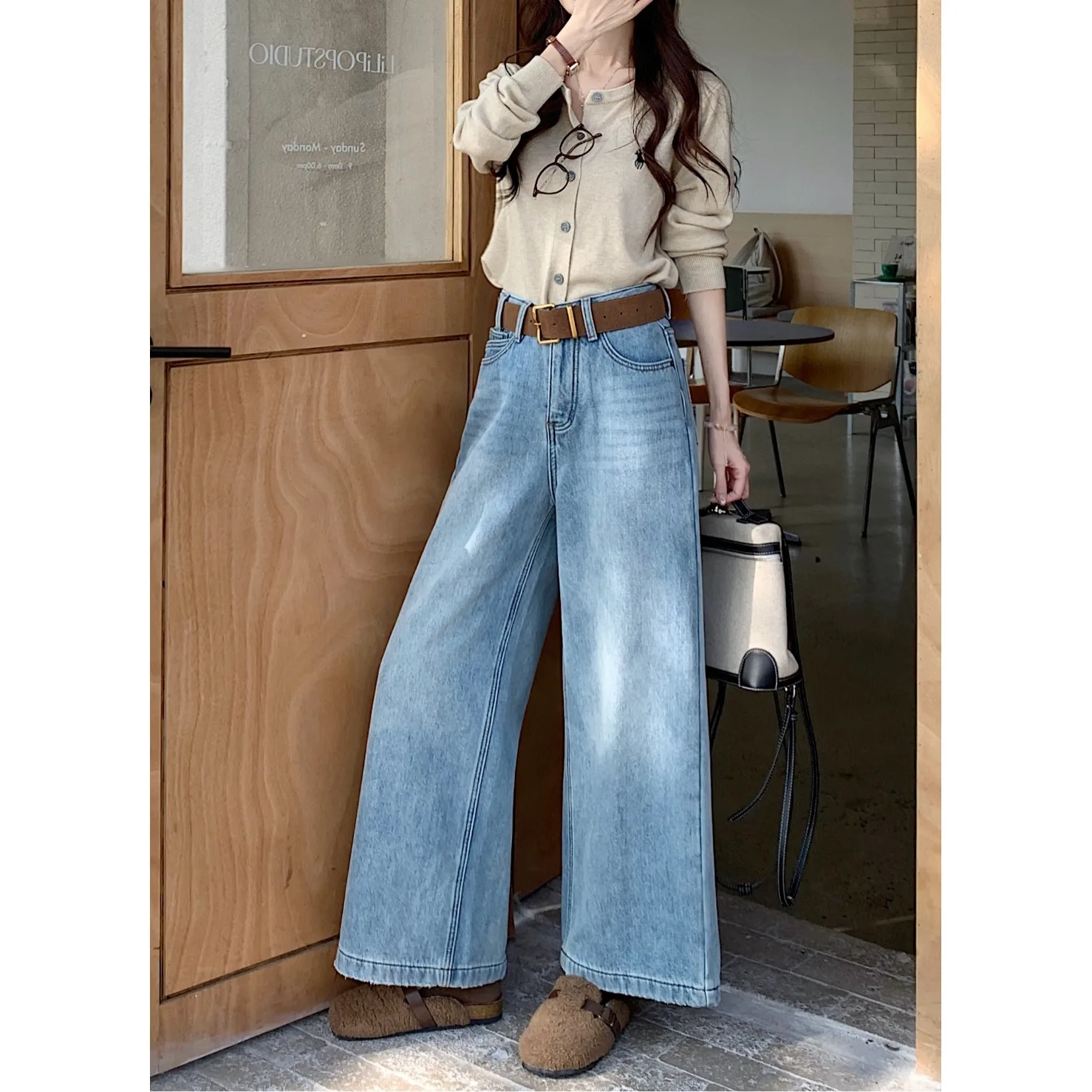 Thiened Fce wijde pijpen jeans dames klein formaat ontwerp vintage getailleerde losse rechte gesneden denim broek woon-werkverkeer casual...