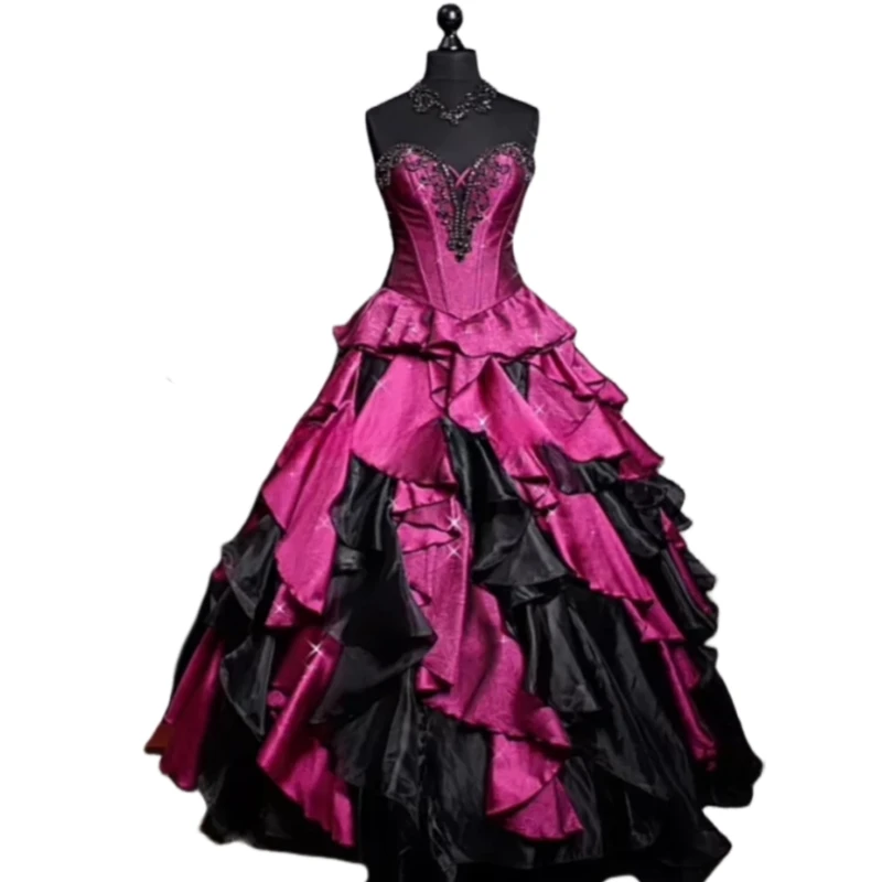 Gaun Pengantin Antik Gotik Gaun Pengantin Kerut Halus Gaun Pesta Prom Satin Hitam dan Fuchsia Sayang Tanpa Tali Disesuaikan